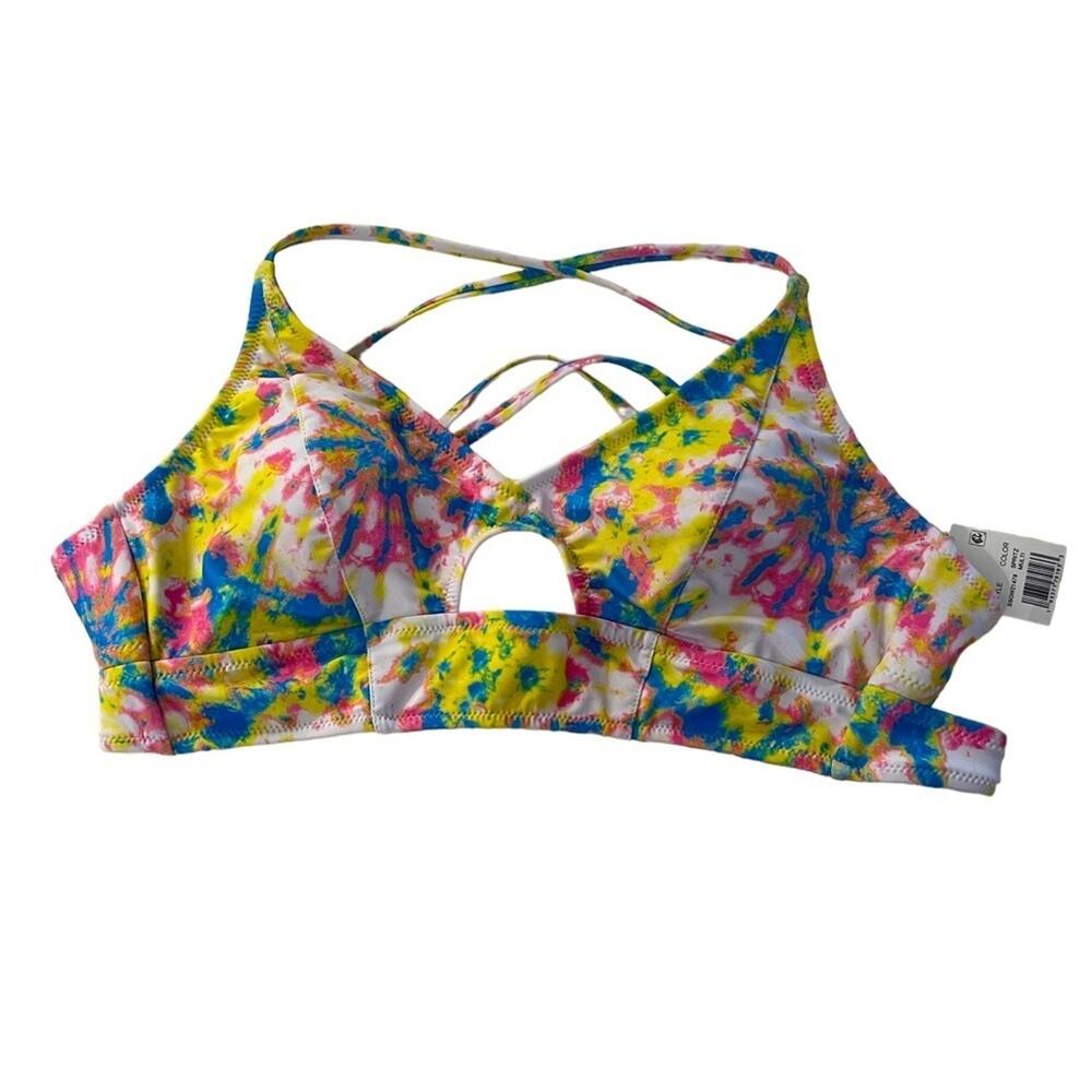 NWT Jessica Simpson Bikini Top Large Tie-Dye Cross Back Cutout Colorful Blue